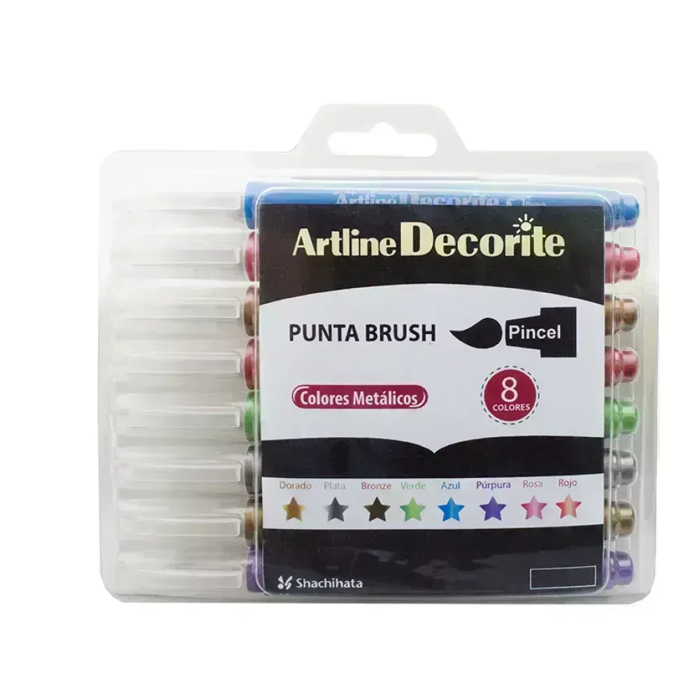 Marcadores, Decorite, Brush/Pincel, Est x 8 Unds. Colores Metálicos