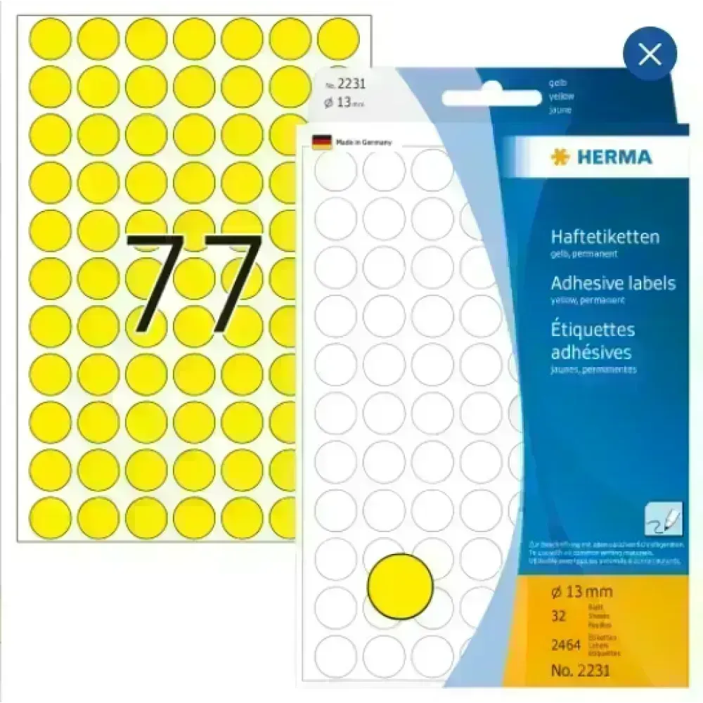 Labels, Redondo, 13 mm, Amarillo, Pack x 2464 Unds.