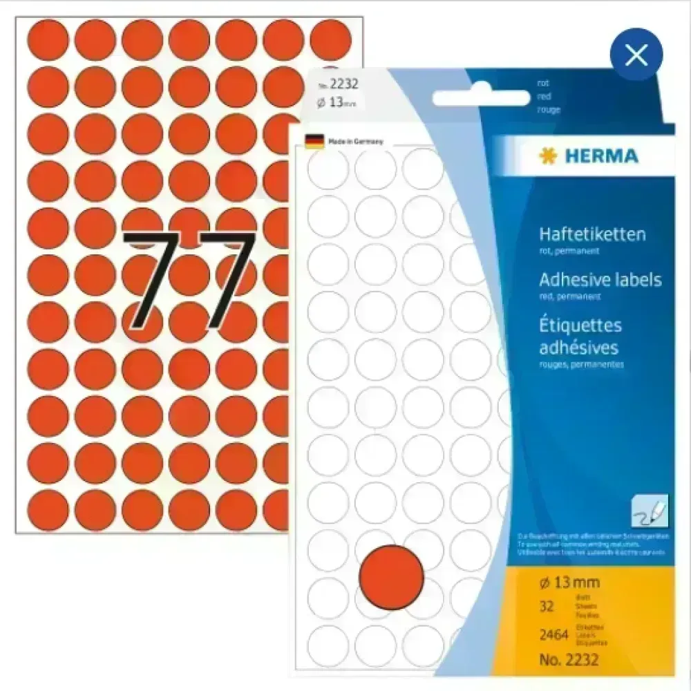 Labels, Redondo, 13 mm, Rojo, Pack x 2464 Unds.