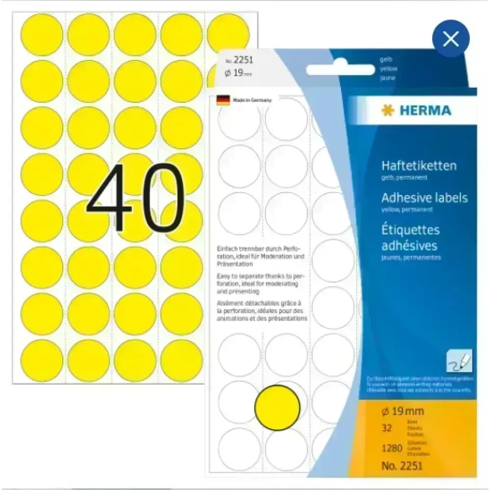Labels, Redondo, 19 mm, Amarillo, Pack x 1280 Unds.