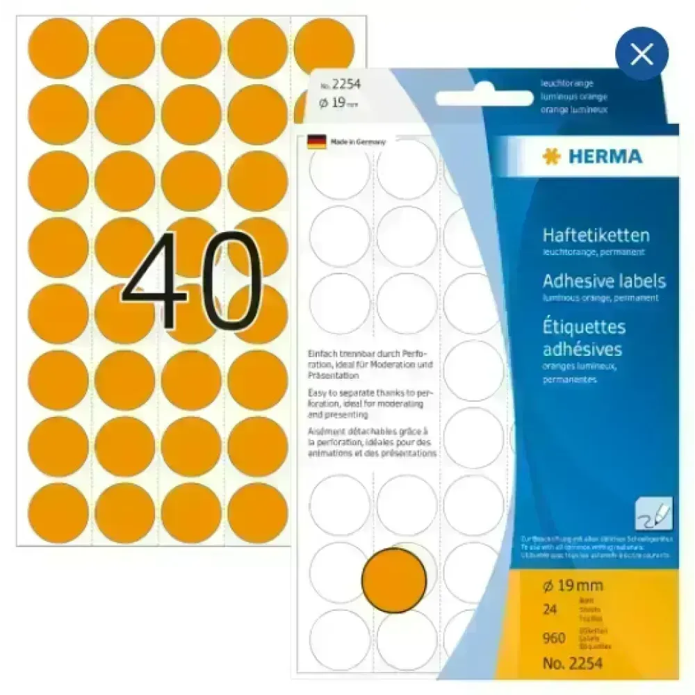 Labels, Redondo, 19 mm, Naranja, Pack x 960 Unds.
