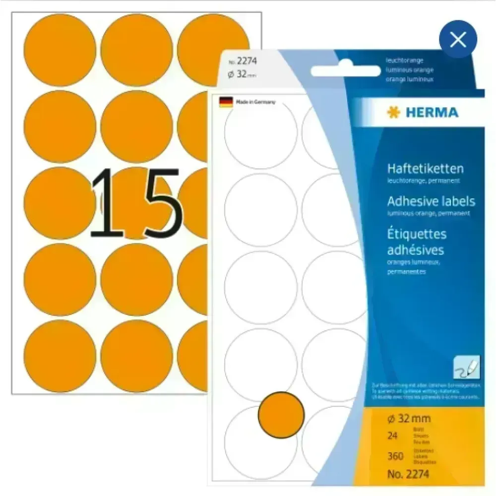 Labels, Redondo, 32 mm, Naranja, Pack x 360 Unds.