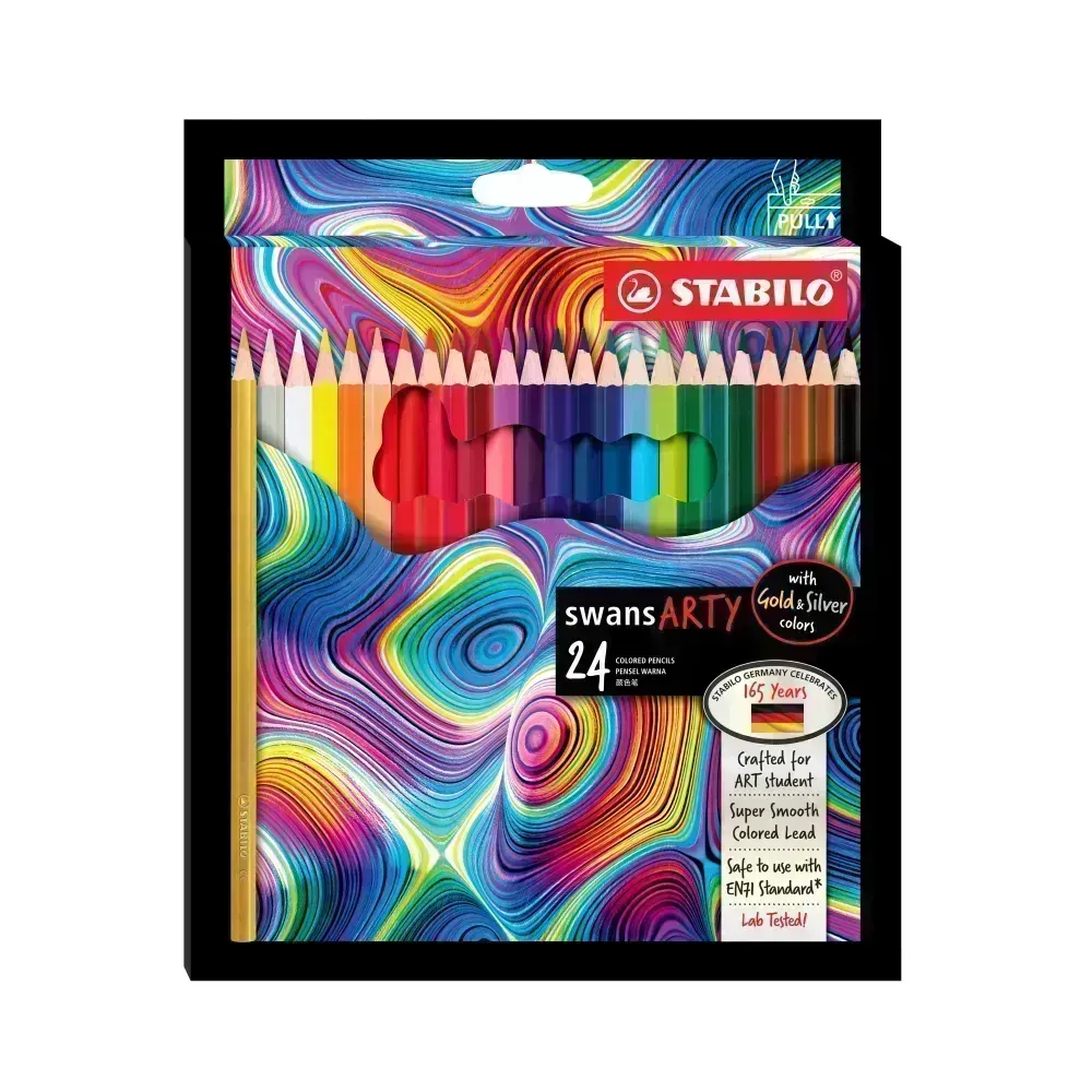 Lápices de Color, Largos, Swans, Cuerpo Hexagonal, Mina 2.5 mm, Estuche ARTY x 24 Colores. 