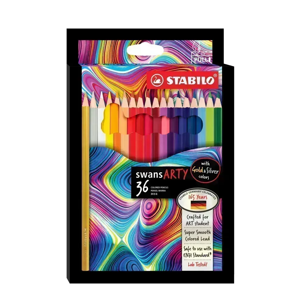 Lápices de Color, Largos, Swans, Cuerpo Hexagonal, Mina 2.5 mm, Estuche ARTY x 36 Colores. 