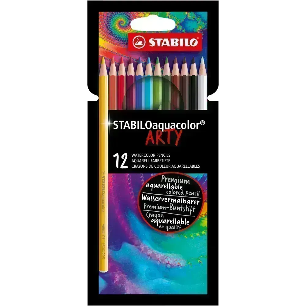 Lápices de Color Acuarelables, Largos, Aquacolor, Cuerpo Hexagonal, Mina 2.8 mm, Estuche ARTY x 12 Colores. 