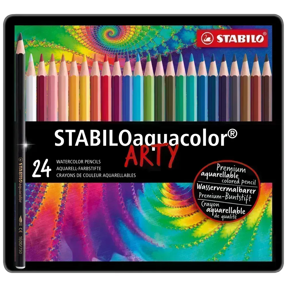 Lápices de Color Acuarelables, Largos, Aquacolor, Cuerpo Hexagonal, Mina 2.8 mm, Caja Metal x 24 Colores. 