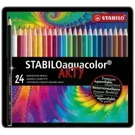Lápices de Color Acuarelables, Largos, Aquacolor, Cuerpo Hexagonal, Mina 2.8 mm, Caja Metal x 24 Colores. 