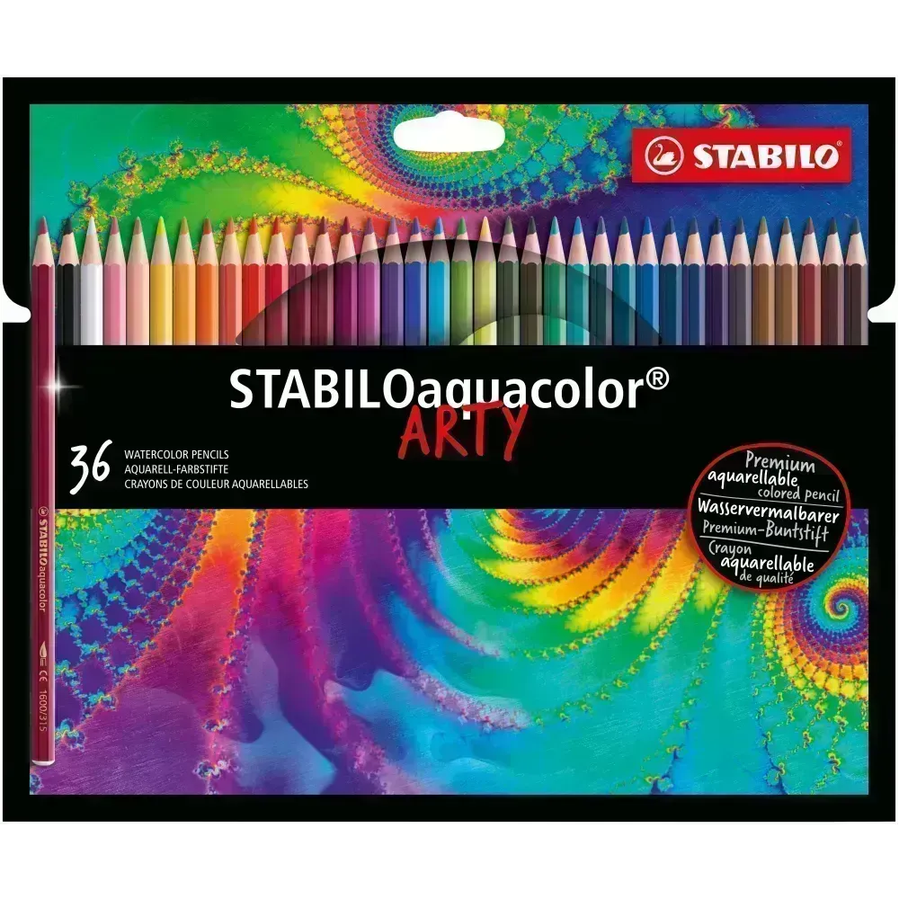 Lápices de Color Acuarelables, Largos, Aquacolor, Cuerpo Hexagonal, Mina 2.8 mm, Estuche ARTY x 36 Colores. 