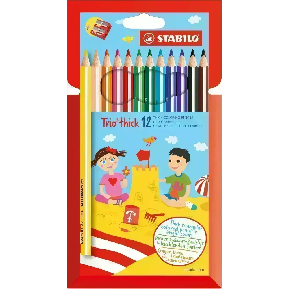Lápices de Color, Largos, Trio thick, Cuerpo Triangular, Mina 4.2 mm, Estuche x 12 Colores. + Sacapuntas