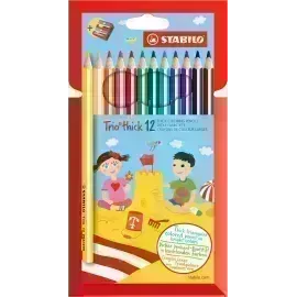Lápices de Color, Largos, Trio thick, Cuerpo Triangular, Mina 4.2 mm, Estuche x 12 Colores. + Sacapuntas