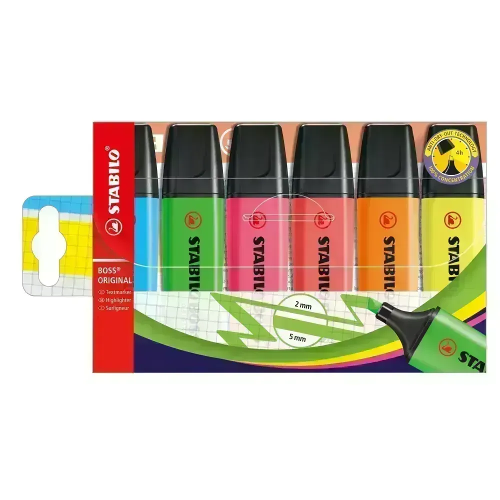 Resaltador, Boss, Punta Biselada 2.0-5.0 mm, Colores Fluo, Estuche x 6 Unds. Colores Surtidos