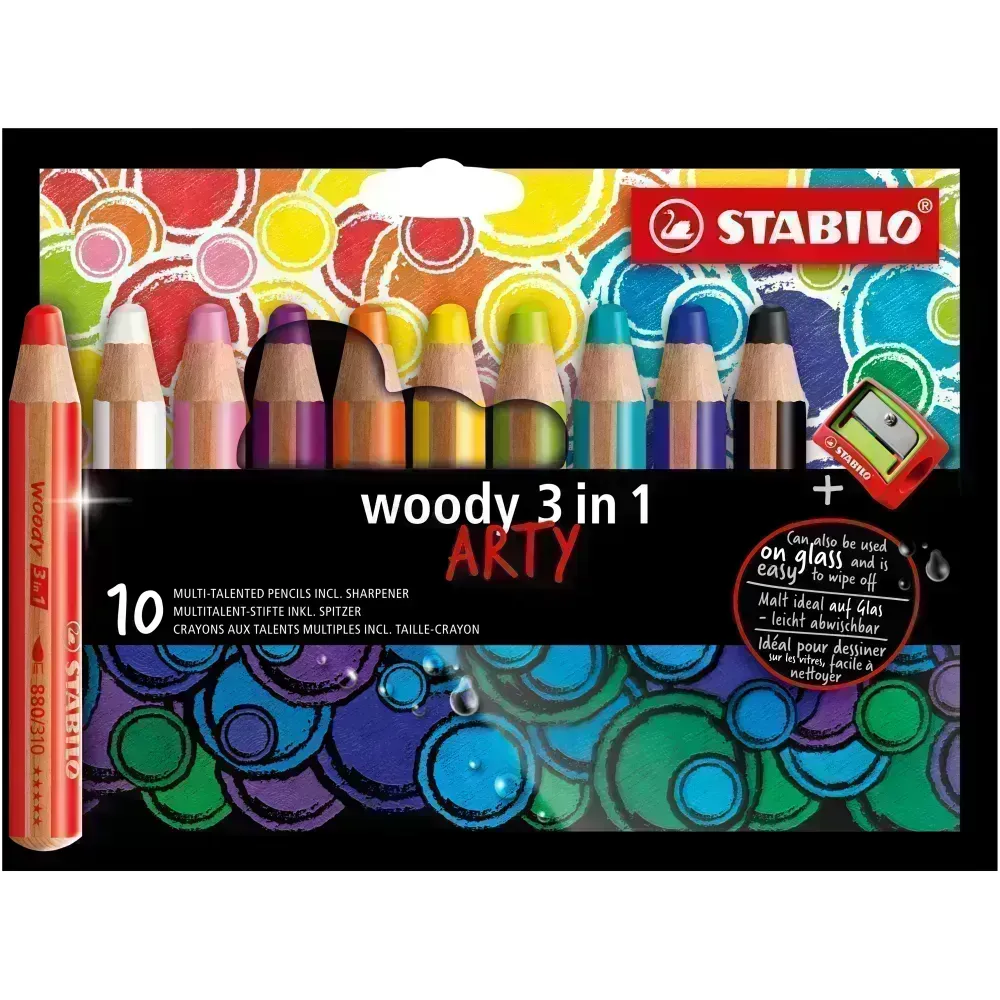 Lápices de Color, Woody 3 en 1, Cuerpo Circular, Mina XXL (10 mm), Caja ARTY x 10 Unds + Tajador. 10 Colores Surtidos