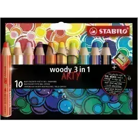 Lápices de Color, Woody 3 en 1, Cuerpo Circular, Mina XXL (10 mm), Caja ARTY x 10 Unds + Tajador. 10 Colores Surtidos