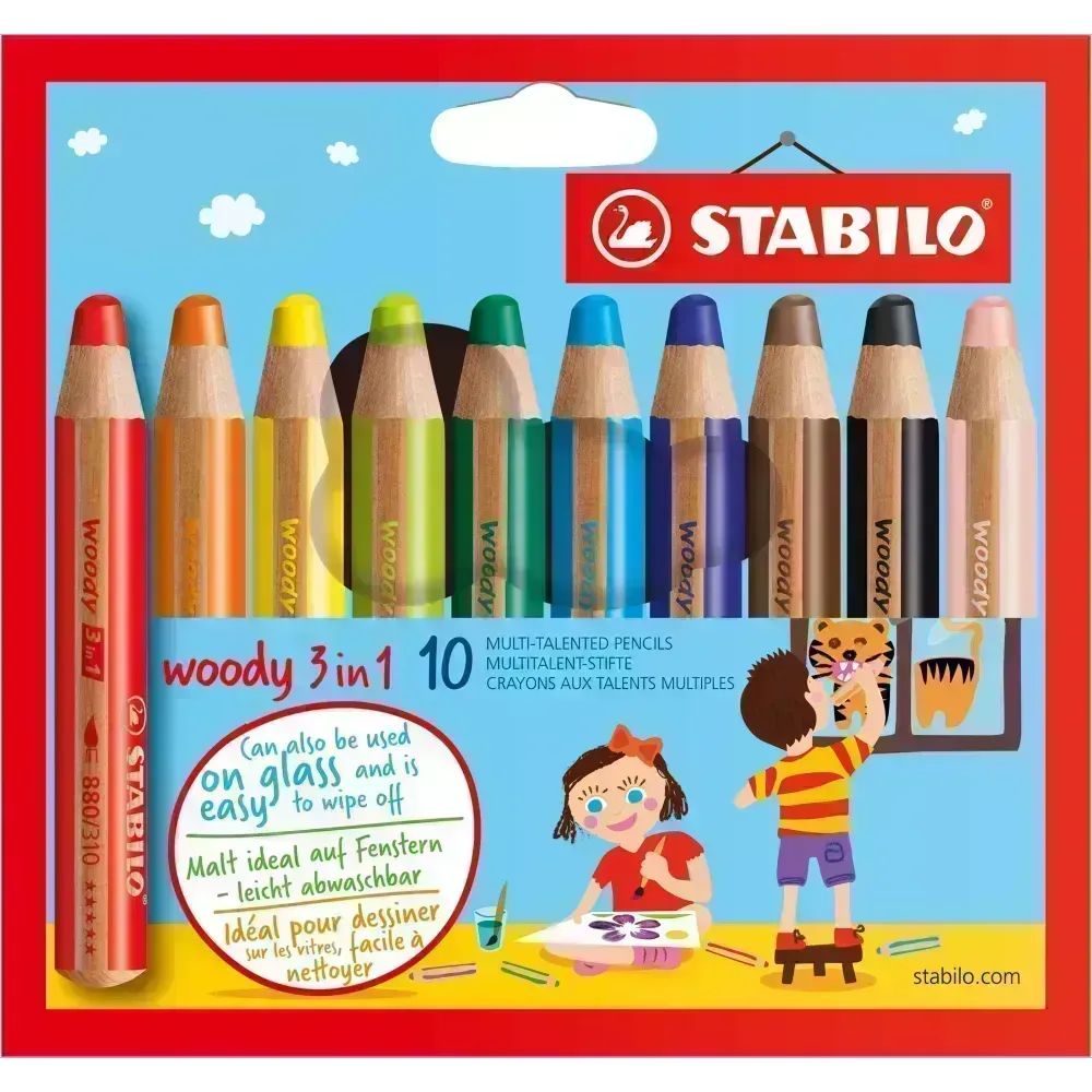 Lápices de Color, Woody 3 en 1, Cuerpo Circular, Mina XXL (10 mm), Caja x 10 Unds. 10 Colores Surtidos