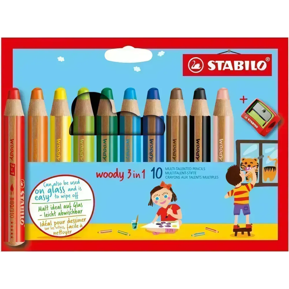 Lápices de Color, Woody 3 en 1, Cuerpo Circular, Mina XXL (10 mm), Caja x 10 Unds + Tajador. 10 Colores Surtidos