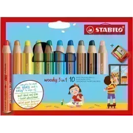 Lápices de Color, Woody 3 en 1, Cuerpo Circular, Mina XXL (10 mm), Caja x 10 Unds + Tajador. 10 Colores Surtidos