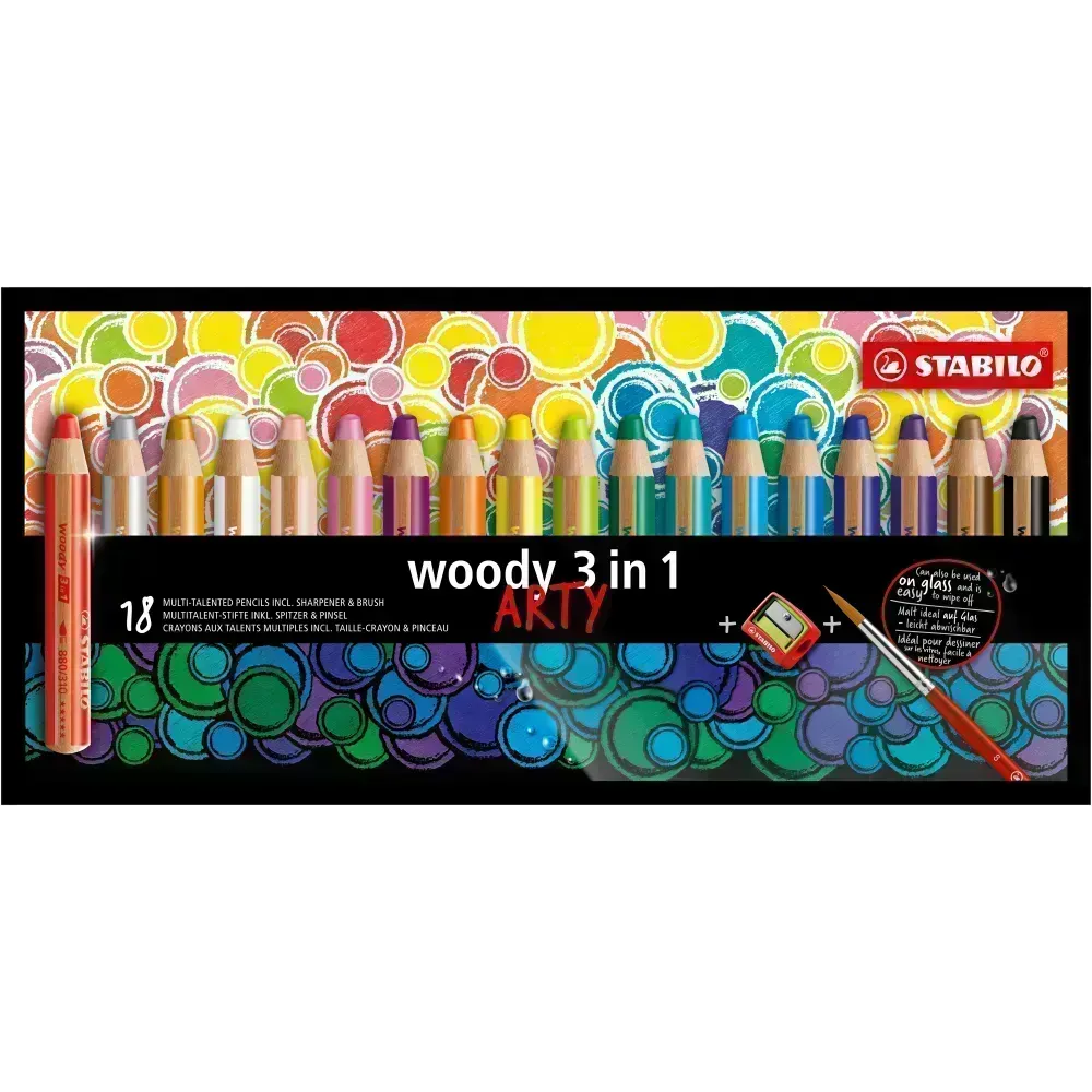 Lápices de Color, Woody 3 en 1, Cuerpo Circular, Mina XXL (10 mm), Caja ARTY x 18 Unds + Sacapuntas. 18 Colores Surtidos