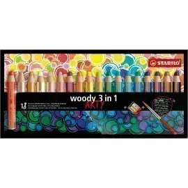 Lápices de Color, Woody 3 en 1, Cuerpo Circular, Mina XXL (10 mm), Caja ARTY x 18 Unds + Sacapuntas. 18 Colores Surtidos