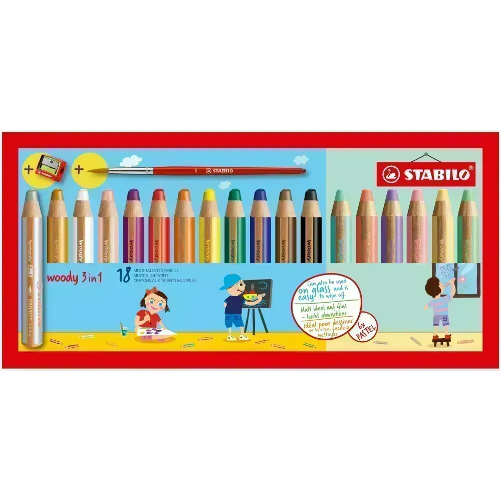 Lápices de Color, Woody 3 en 1, Cuerpo Circular, Mina XXL (10 mm), Caja x 18 Unds + Sacapuntas. 18 Colores Surtidos (inc. Col. Pastel)