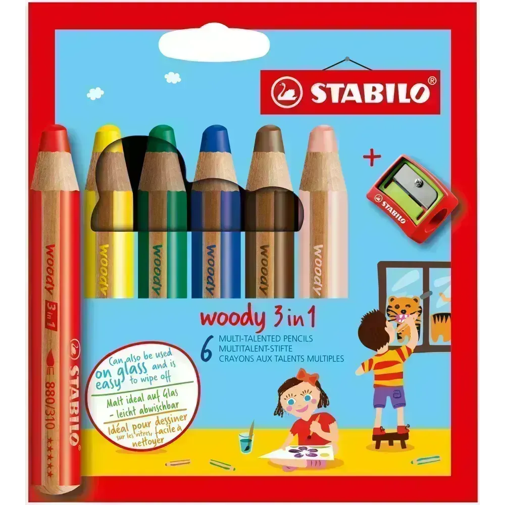 Lápices de Color, Woody 3 en 1, Cuerpo Circular, Mina XXL (10 mm), Caja x 6 Unds. + Sacapuntas., 6 Colores Básicos.