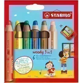 Lápices de Color, Woody 3 en 1, Cuerpo Circular, Mina XXL (10 mm), Caja x 6 Unds. + Sacapuntas., 6 Colores Básicos.