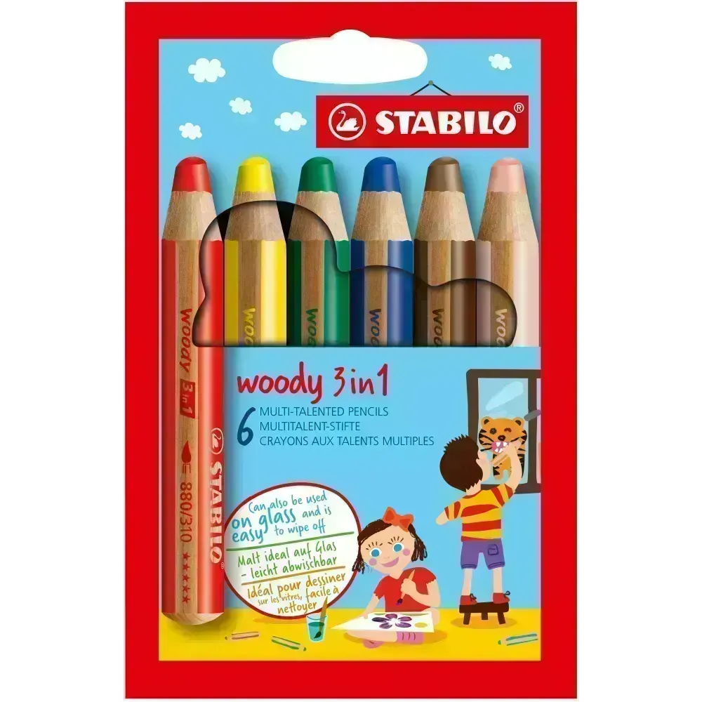 Lápices de Color, Woody 3 en 1, Cuerpo Circular, Mina XXL (10 mm), Caja x 6 Unds. 6 Colores Básicos.