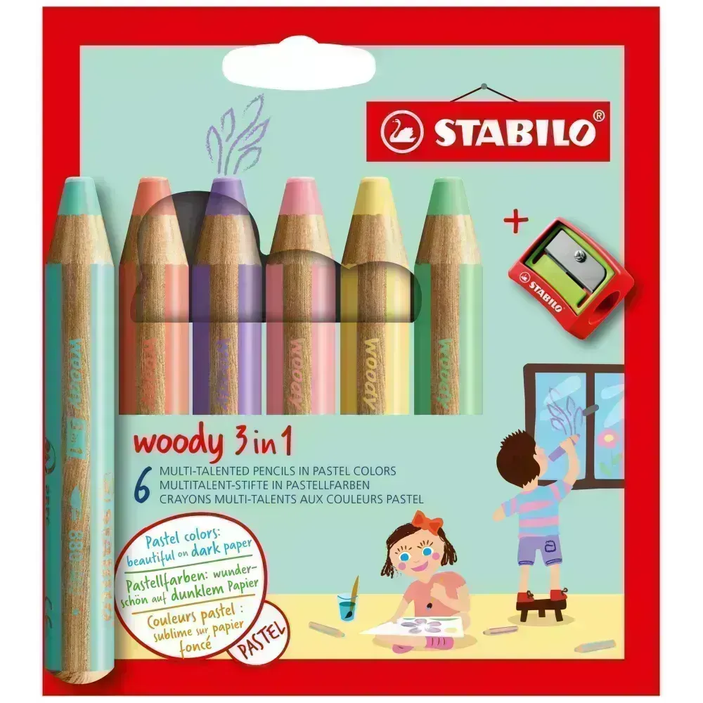 Lápices de Color, Woody 3 en 1, Cuerpo Circular, Mina XXL (10 mm), Caja x 6 Unds. + Sacapuntas., 6 Colores Pastel.