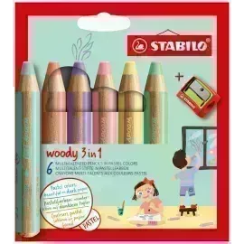 Lápices de Color, Woody 3 en 1, Cuerpo Circular, Mina XXL (10 mm), Caja x 6 Unds. + Sacapuntas., 6 Colores Pastel.