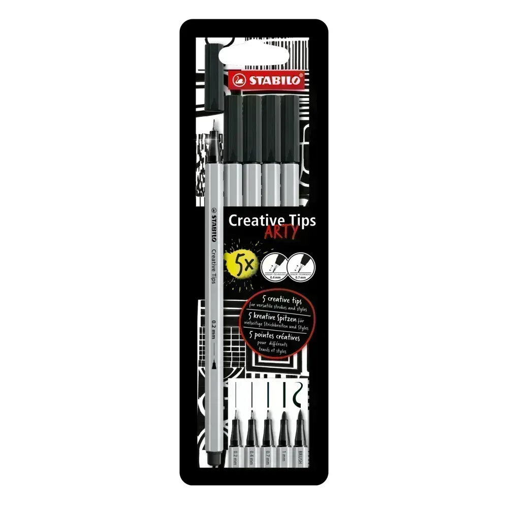 Creative tips, Tiralineas, Estuche x 5 Uds. en negro: 0,2, 0,4, 0,7, 1,0, brush