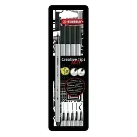 Creative tips, Tiralineas, Estuche x 5 Uds. en negro: 0,2, 0,4, 0,7, 1,0, brush