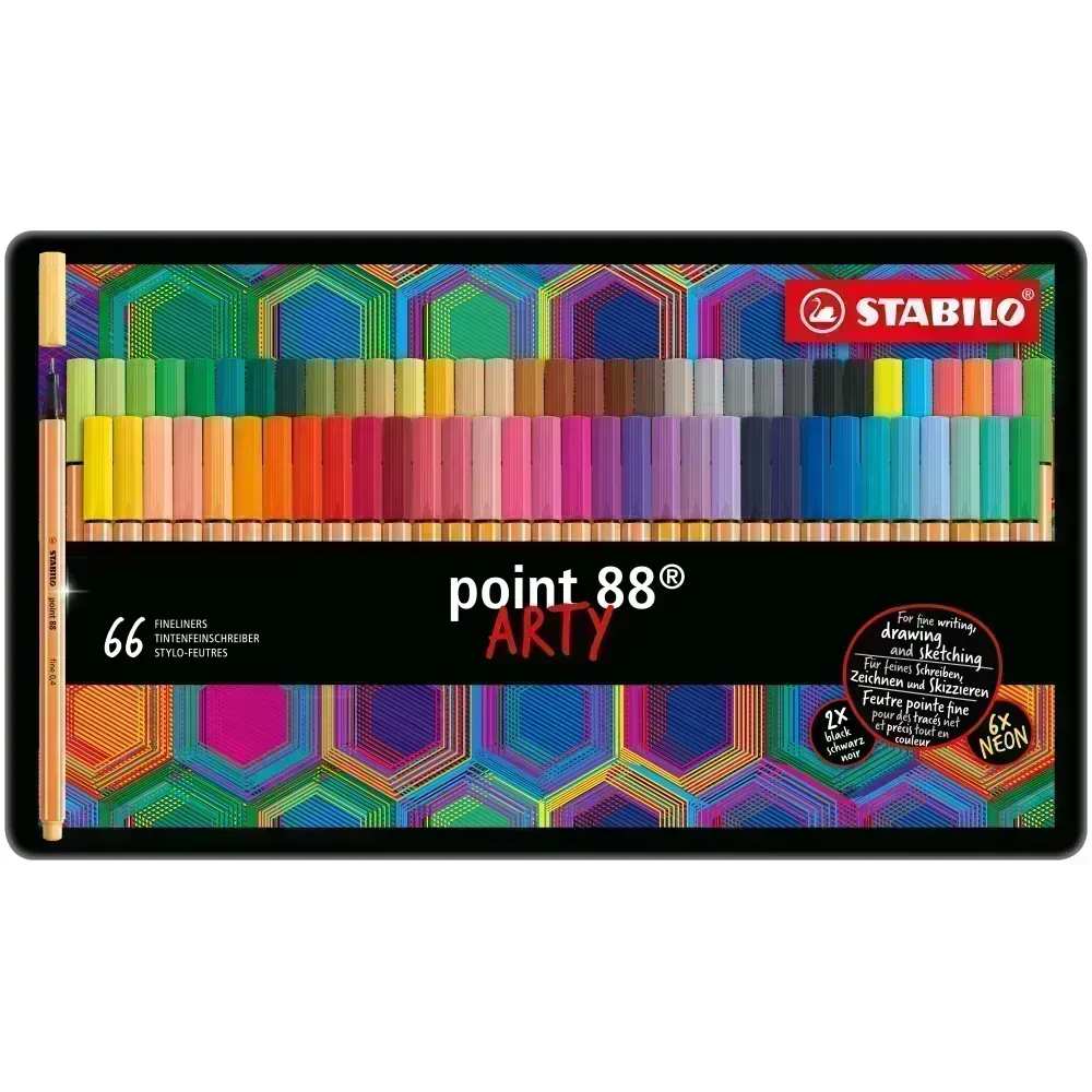 Micropunta/Felpa, Point 88, Punta Fina  0.4 mm, Caja ARTY Metal x 66 Unds. 65 Colores Surtidos