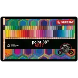 Micropunta/Felpa, Point 88, Punta Fina  0.4 mm, Caja ARTY Metal x 66 Unds. 65 Colores Surtidos