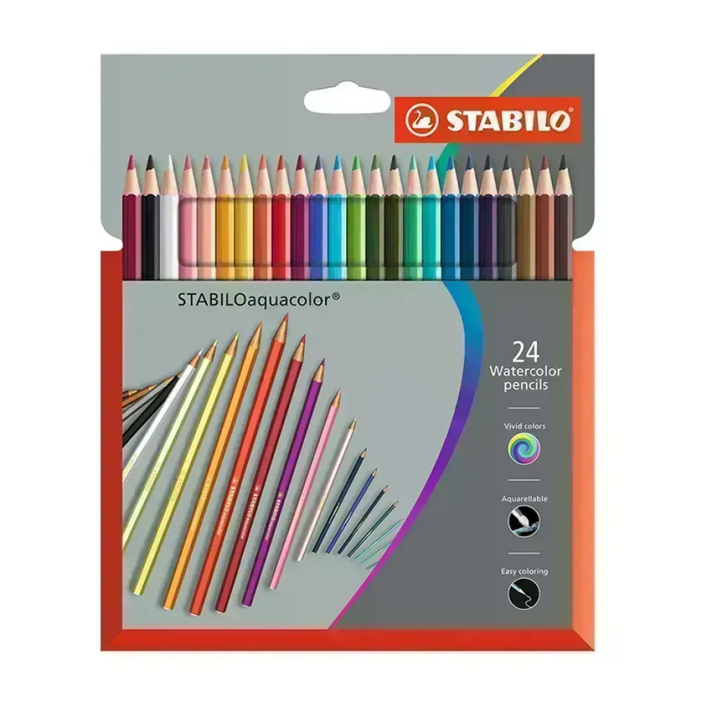 Lápices de Color Acuarelables, Largos, Aquacolor, Cuerpo Hexagonal, Mina 2.8 mm, Estuche x 24 Colores. 