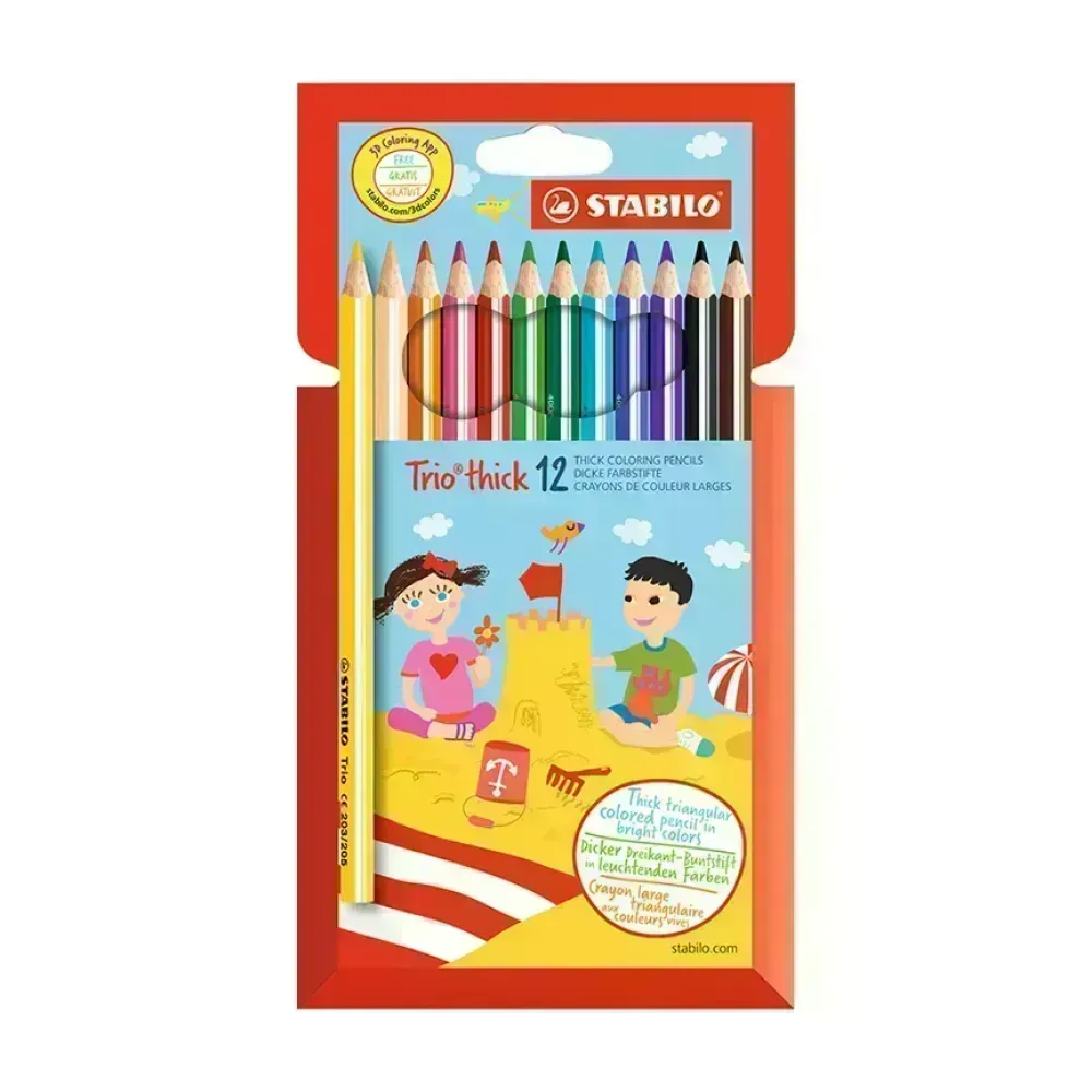 Lápices de Color, Largos, Trio thick, Cuerpo Triangular, Mina 4.2 mm, Estuche x 12 Colores. 