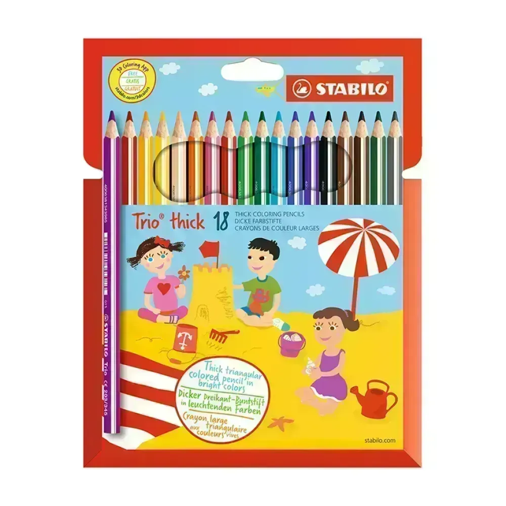 Lápices de Color, Largos, Trio thick, Cuerpo Triangular, Mina 4.2 mm, Estuche x 18 Colores. 