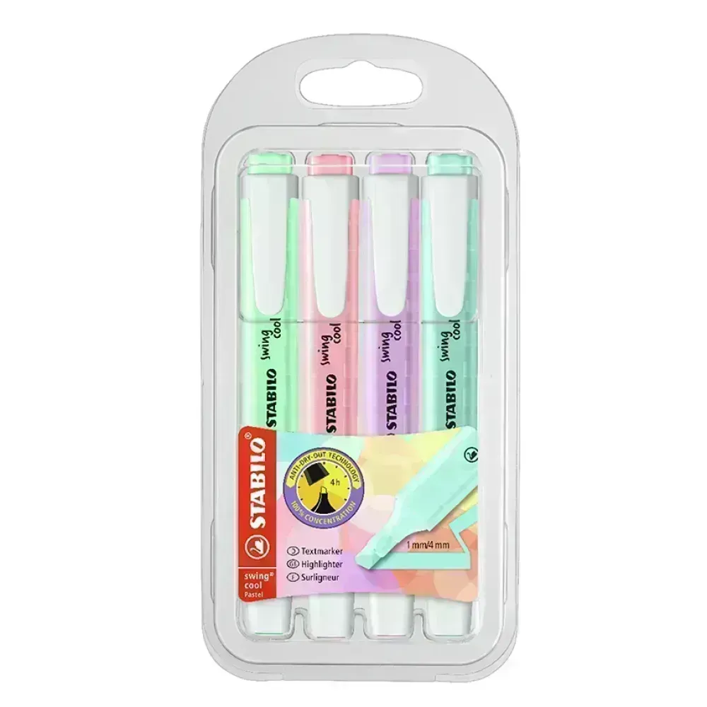Resaltador, Swing Cool, Punta Biselada 1.0-4.0 mm, Colores Pastel, Pack x 4 Unds. Colores Surtidos