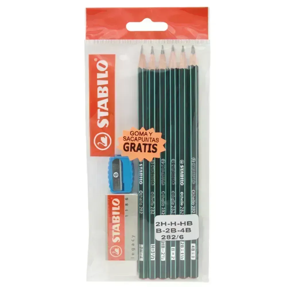 Lápices de Dibujo, Othello, 6 Graduaciones + Borrador + Sacapuntas, Cuerpo Hexagonal, Mina 2.2-3.0 mm, Pack.