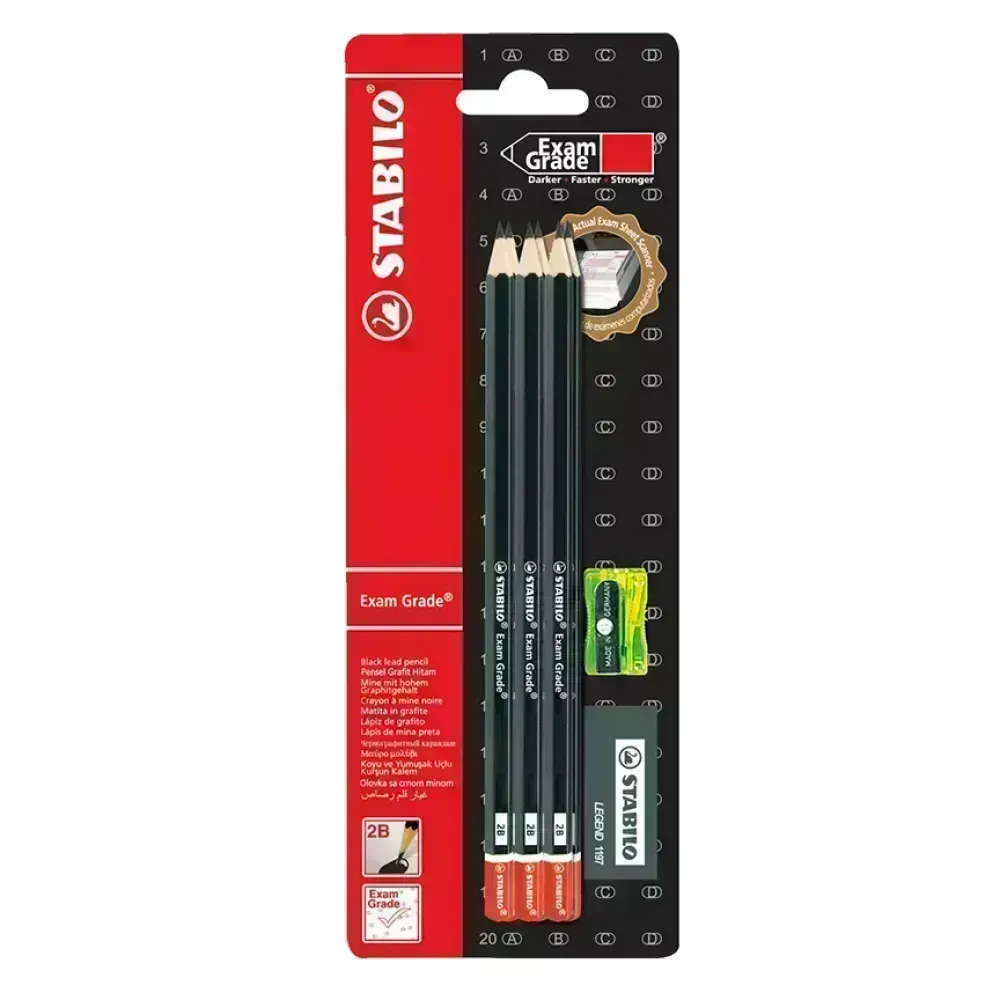 Lápices de Grafito, Exam Grade, 2B, Barniz Negro, Cuerpo Hexagonal, Mina 2.3 mm., Blister x 3 Unds. + Borrador + Sacapuntas