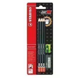 Lápices de Grafito, Exam Grade, 2B, Barniz Negro, Cuerpo Hexagonal, Mina 2.3 mm., Blister x 3 Unds. + Borrador + Sacapuntas