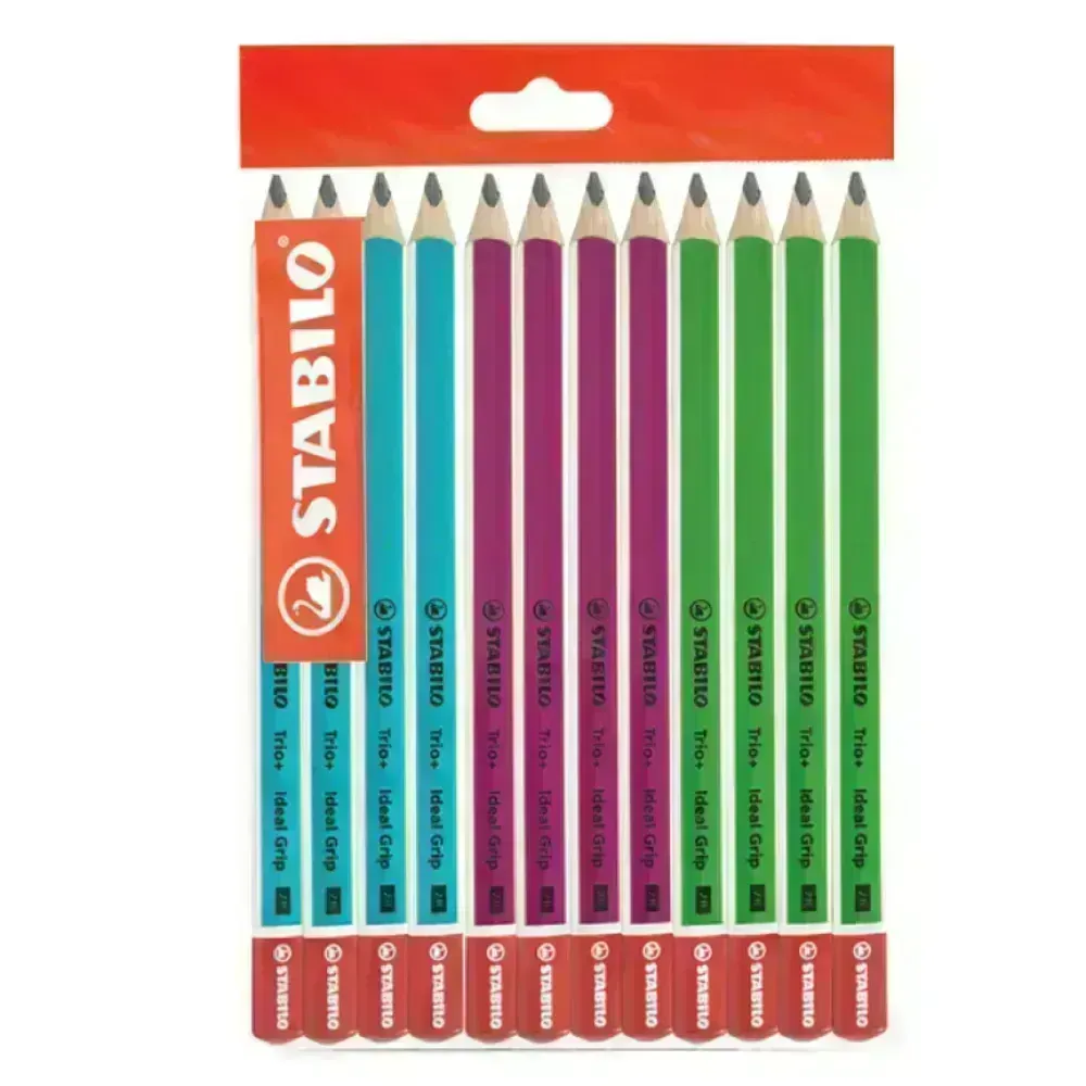 Lápices de Grafito, Trio Jumbo, 2B, Barniz Neón, Cuerpo Triangular, Mina 4.2 mm + Sacapuntas, Pack x 12 Unds.