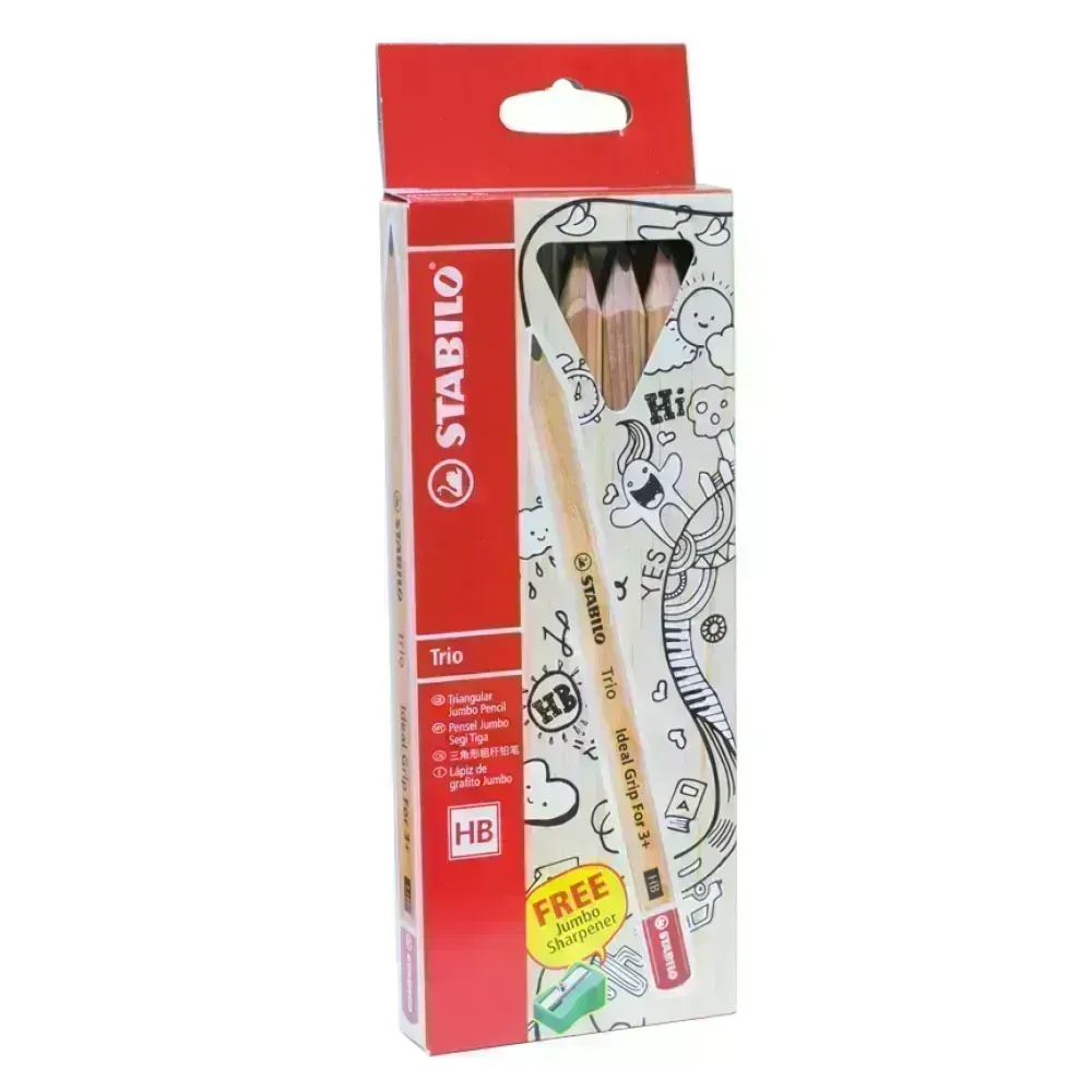 Lápices de Grafito, Trio Jumbo, HB, Barniz Madera, Cuerpo Triangular, Mina 4.2 mm + Sacapuntas, Caja x 6 Unds.