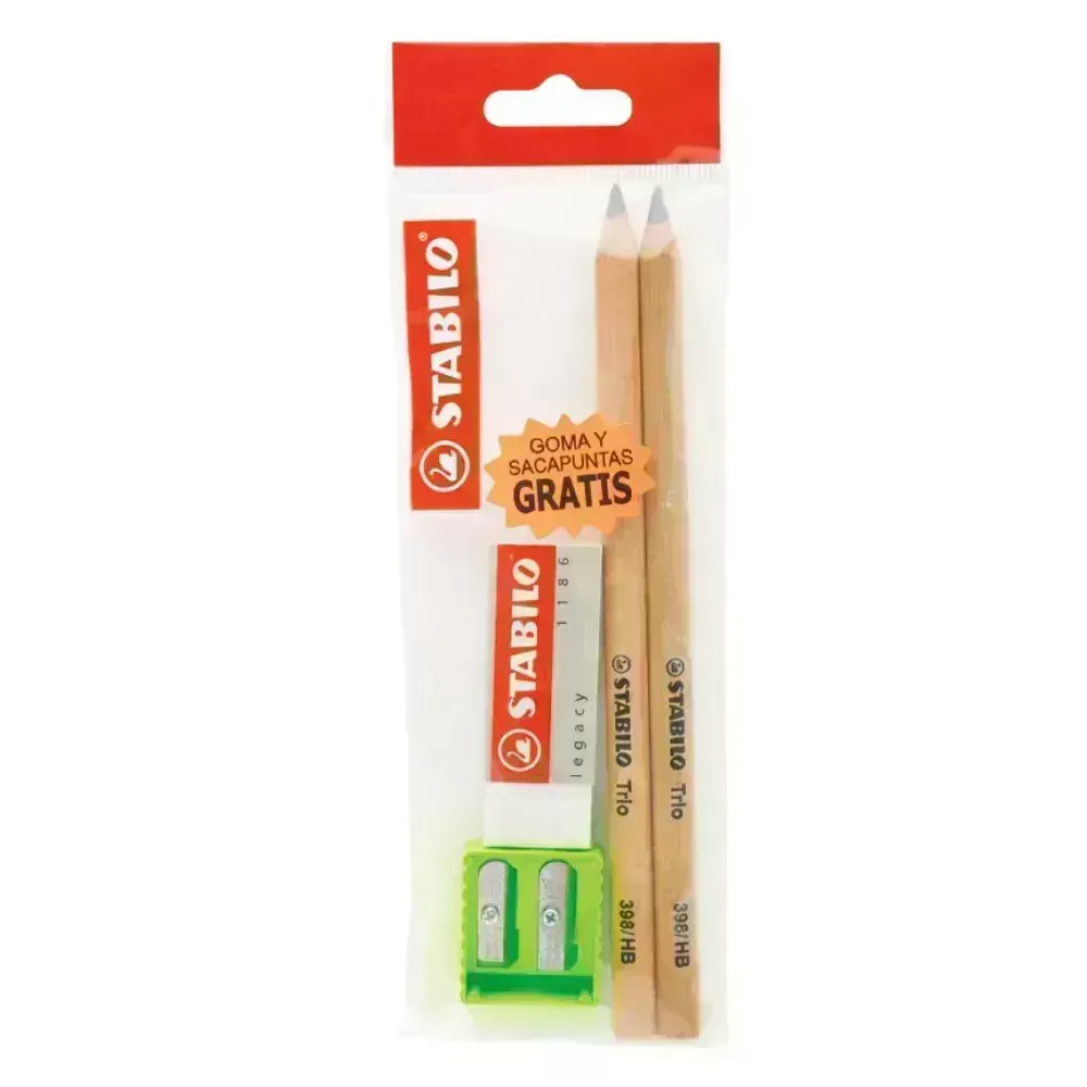 Lápices de Grafito, Trio Jumbo, HB, Barniz Madera, Cuerpo Triangular, Mina 4.2 mm + Sacapuntas + Borrador, Pack x 2.