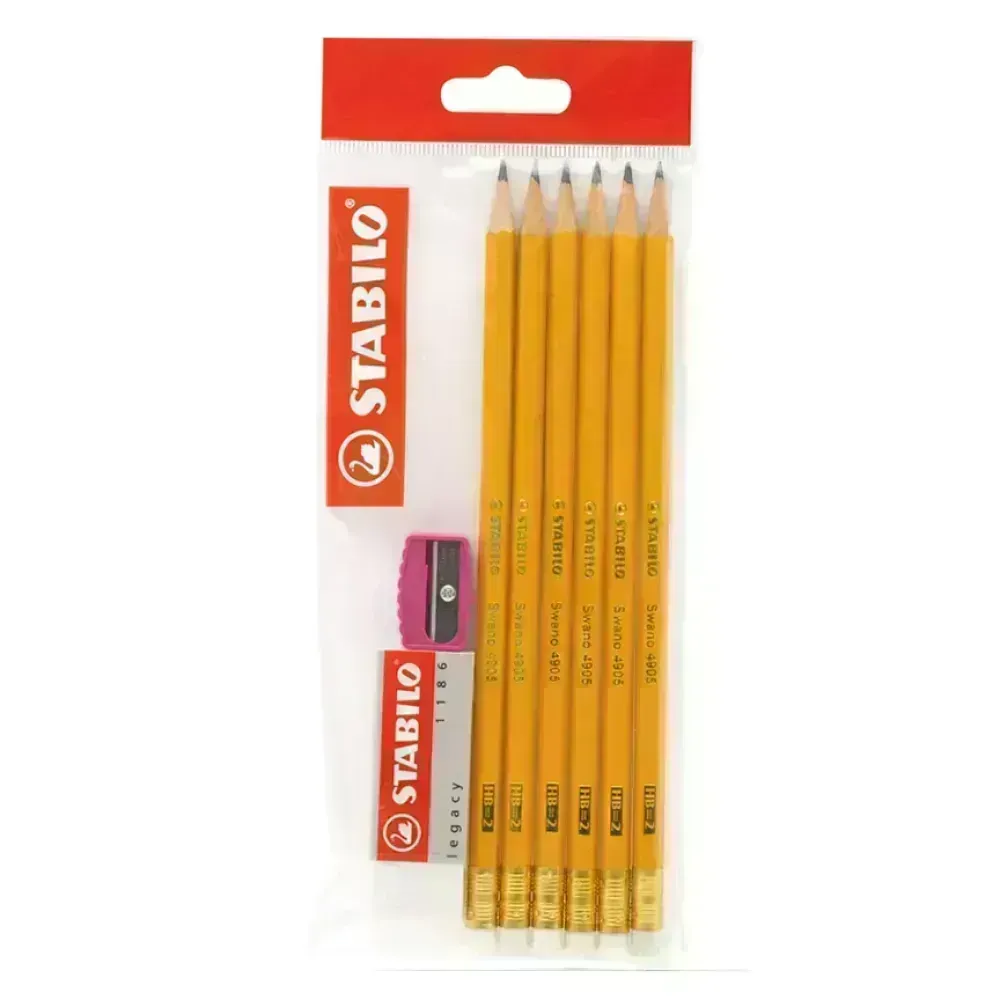 Lápices de Grafito, Swano, HB, Barniz Amarillo, Cuerpo Hexagonal, Mina 2.2 mm. Pack x 6 Unds. + 1x Borrador 1186 + 1x Sacapuntas