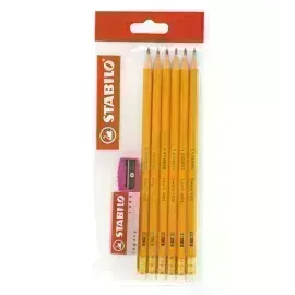Lápices de Grafito, Swano, HB, Barniz Amarillo, Cuerpo Hexagonal, Mina 2.2 mm. Pack x 6 Unds. + 1x Borrador 1186 + 1x Sacapuntas