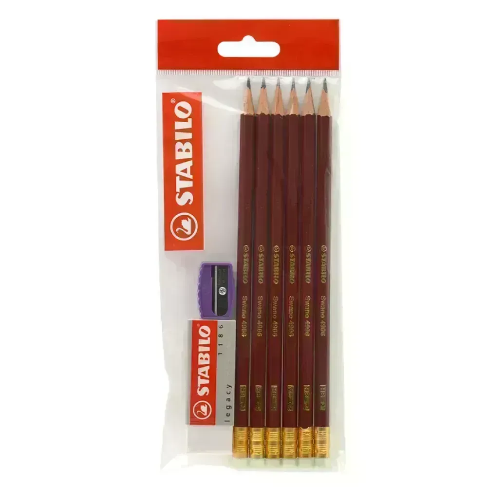 Lápices de Grafito, Swano, HB, Barniz Rojo, Cuerpo Hexagonal, Mina 2.2 mm. Pack x 6 Unds. + 1x Borrador 1186 + 1x Sacapuntas