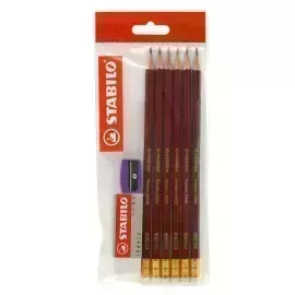 Lápices de Grafito, Swano, HB, Barniz Rojo, Cuerpo Hexagonal, Mina 2.2 mm. Pack x 6 Unds. + 1x Borrador 1186 + 1x Sacapuntas