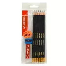 Lápices de Grafito, Swano, HB, Barniz Negro, Cuerpo Hexagonal, Mina 2.2 mm. Pack x 6 Unds. + 1x Borrador 1186 + 1x Sacapuntas