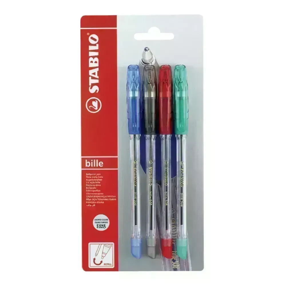 Bolígrafo, Bille 508, Punta Media 0.45 mm, Pack x 4 Unds. Azul, Negro, Rojo, Verde