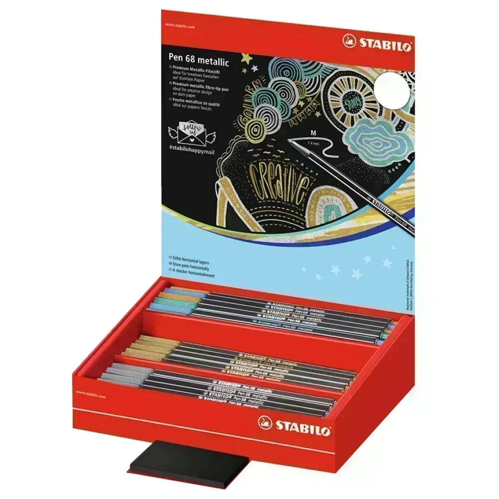 Marcador, Pen 68 Metallic, Punta 1.4 mm, Exh x 60 Unds. 3 Colores Metálicos Surtidos