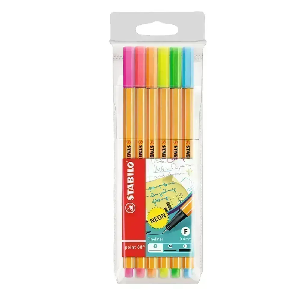 Micropunta/Felpa, Point 88, Punta Fina  0.4 mm, Estuche x 6 Unds. 6 Colores Neón Surtidos
